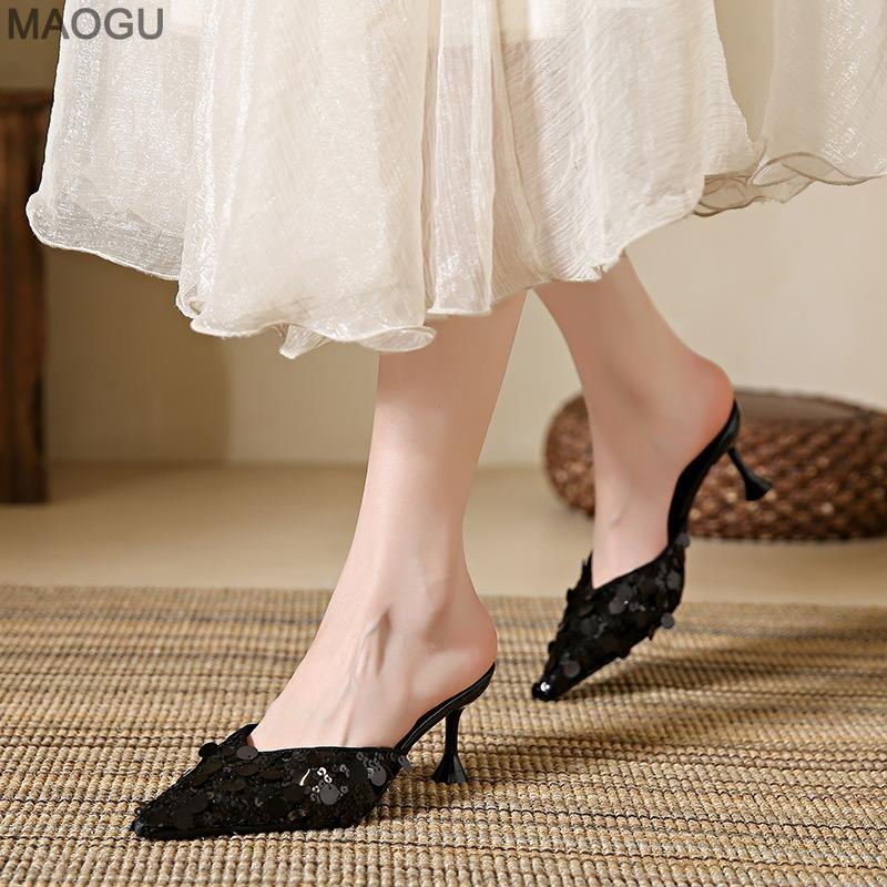 Women's Silver Sequin Mules Heels Pointed Toe Stiletto High Heel Slippers Shiny Party Dress Shoes Fashion Slip-On Sandals Size34