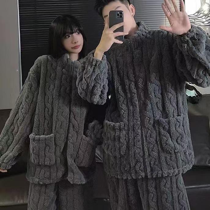 Polka Dot Coral Fleece Couple Pajamas Set Winter Zipper Flannel Men'S Loose Casual Loungewear Girls