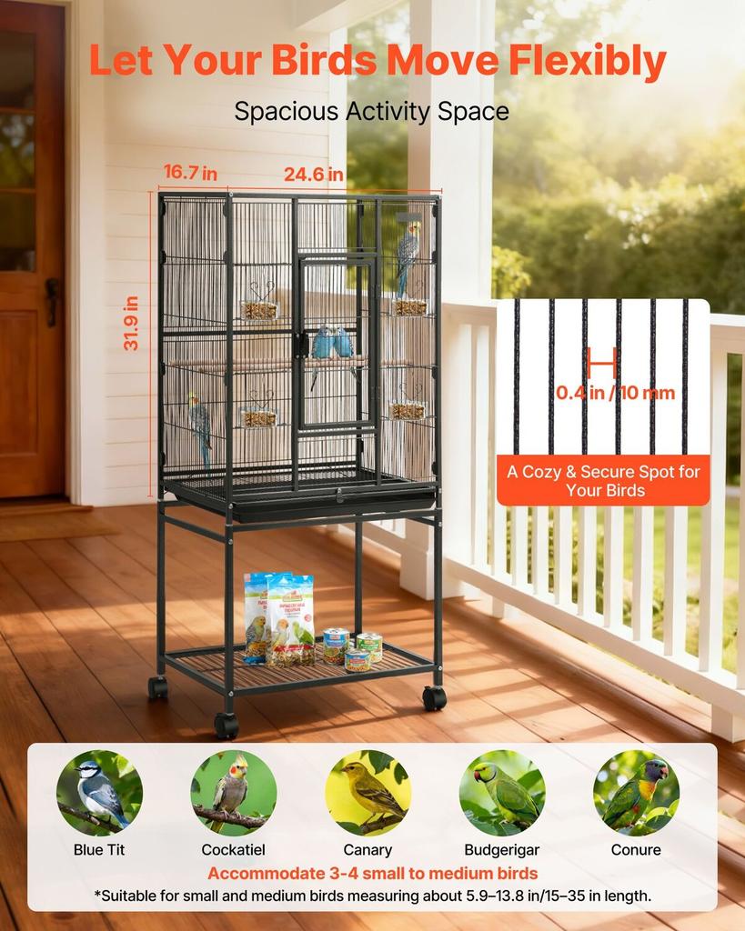Bird Cage, 625 x 425 x 1370 mm, Flat Top, Wrought Iron Bird Flight Cage with Perches, Slide-Out Tray and Plastic Feeders, Casters, for Parrot, Blue