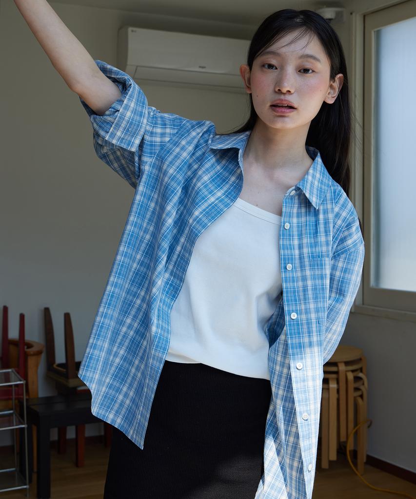 STEP AROUND Soft Cotton Washing Check Shirts_Blue