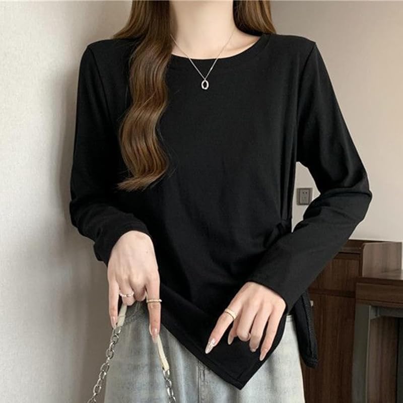 [ODFMCE] t-shirt ladies long sleeve spring cotton Plain color Fashionable Beautiful Relaxing big size is (JP, alphabet, L, black)