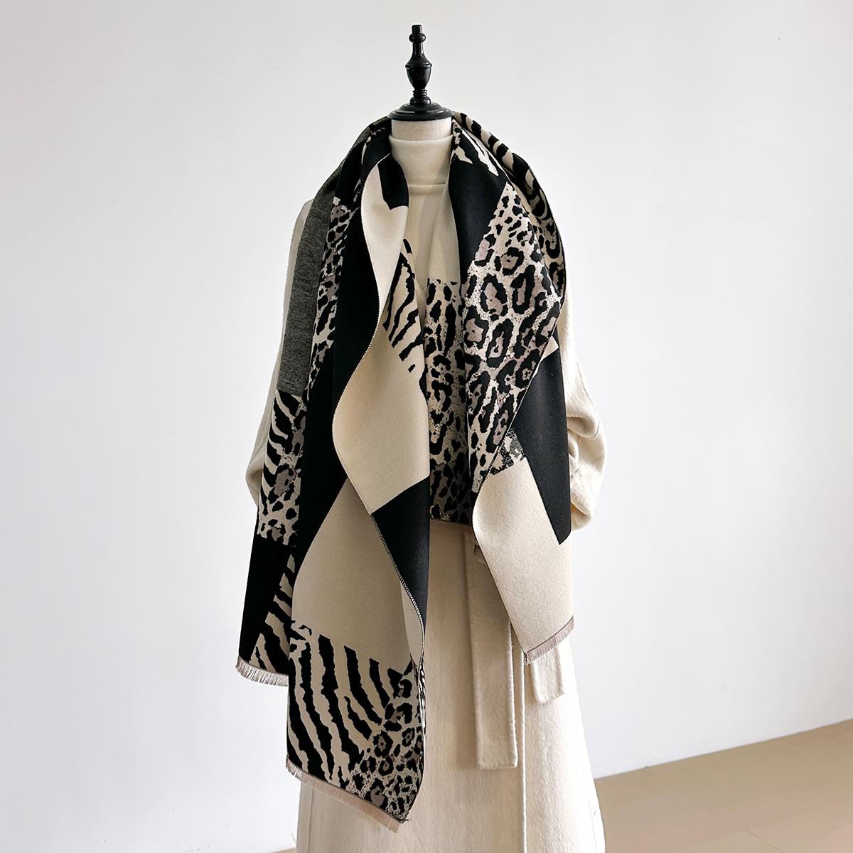 

2025 New Women s Thick Faux Cashmere Shawl - Leopard & Zebra Print, Soft Warm Windproof Wrap Scarf for Autumn Winter