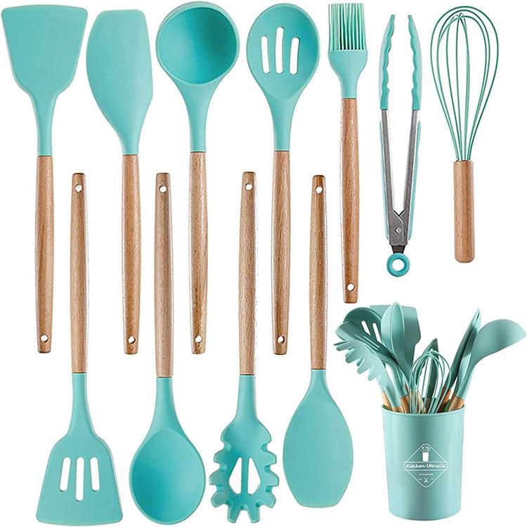 Heat Resistant Kitchen Accessories Cooking Utensil Kitchenware Non Stick Food Grade Wooden Handle Spatula Silicone Spoon Set