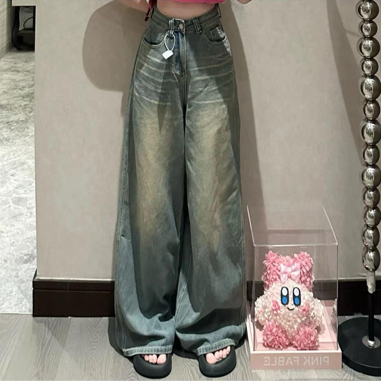 

Женские винтажные джинсы из синего денима с высокой посадкой и широкими штанинами - Ретро-стирка, Свободный стиль в пол S синий