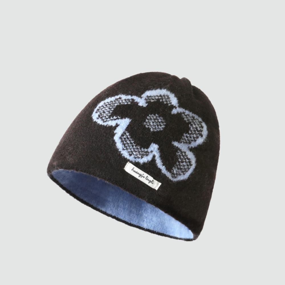 Warme Fair-Isle-Mütze, Wollstrickmütze mit Print, modisches Blumen-Jacquard-Strickmuster, Wintermütze