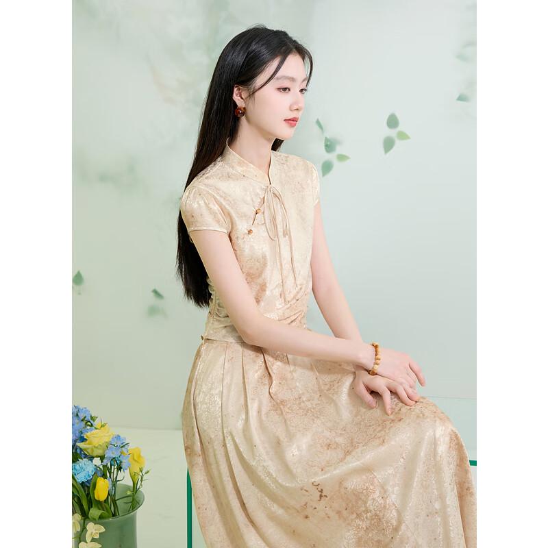 Sancai New Chinese Style Printed Tie-Neck Short Blouse M