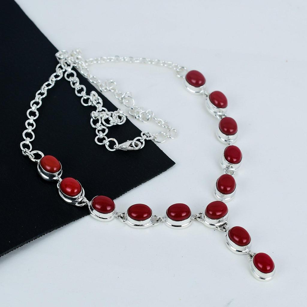 Natural Red Coral Gemstone Handmade 925 Sterling Silver Necklace, Red Coral Silver Necklace For Wife, Unisex Necklace, Love Gift