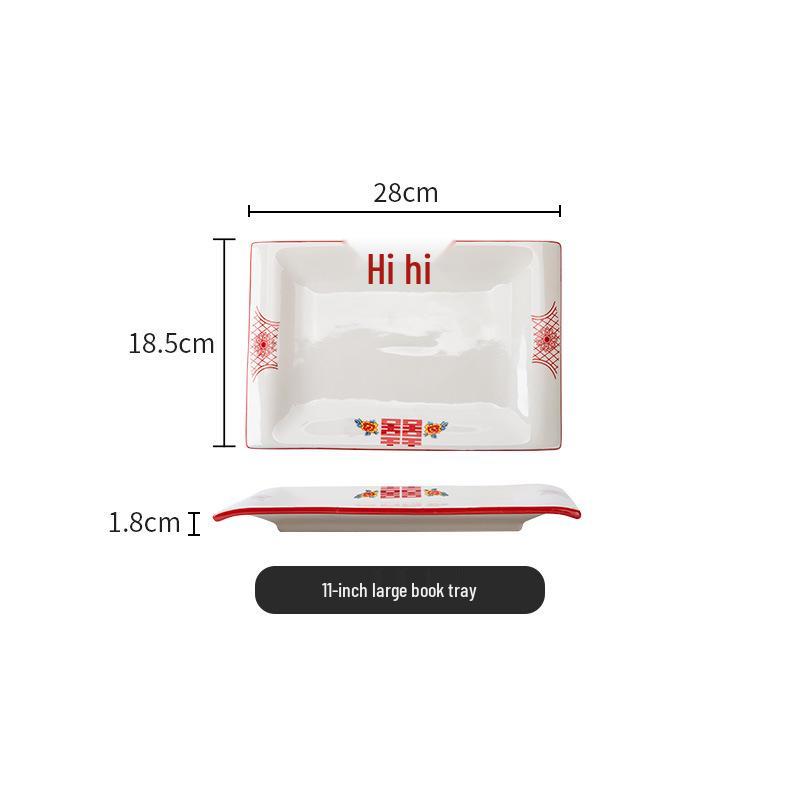 Set di Piatto Rotondo Rosso Ceramica Retrò Doppia Felicità - Piatto Basso, Piatto Piatto, Piatto per Hot Pot, Piatto per Carne, Piatto per Salsa e Piatto per Pesce per Tavola da Ristorante.