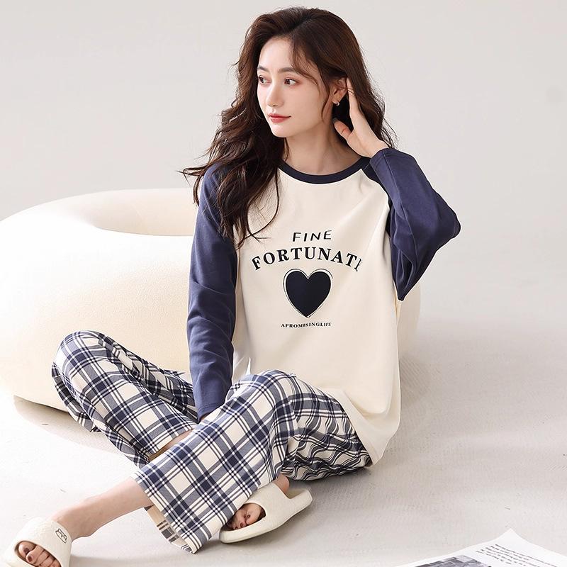 Women's pajamas spring and autumn long-sleeved trousers pure cotton two-piece suit, girls can wear cotton loungewear in autumn and winter