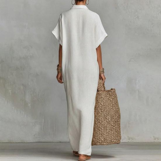 Summer Cotton Linen Dress for Women Short Sleeve Button Up Long Dress Casual Loose Beach Tunic Sundress