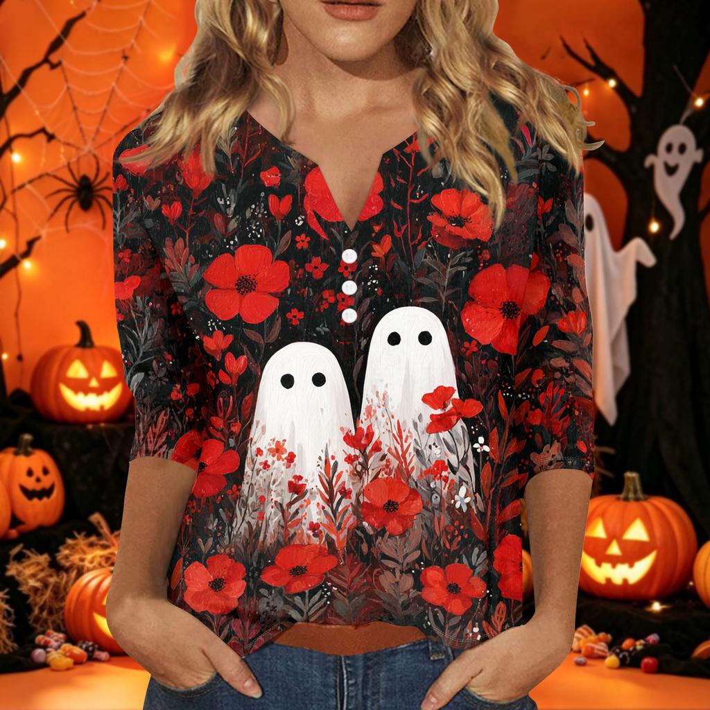 Women's Halloween Printed V-Neck Short Sleeve Tunic with Button and 3/4 Sleeves for Casual Fall Wear