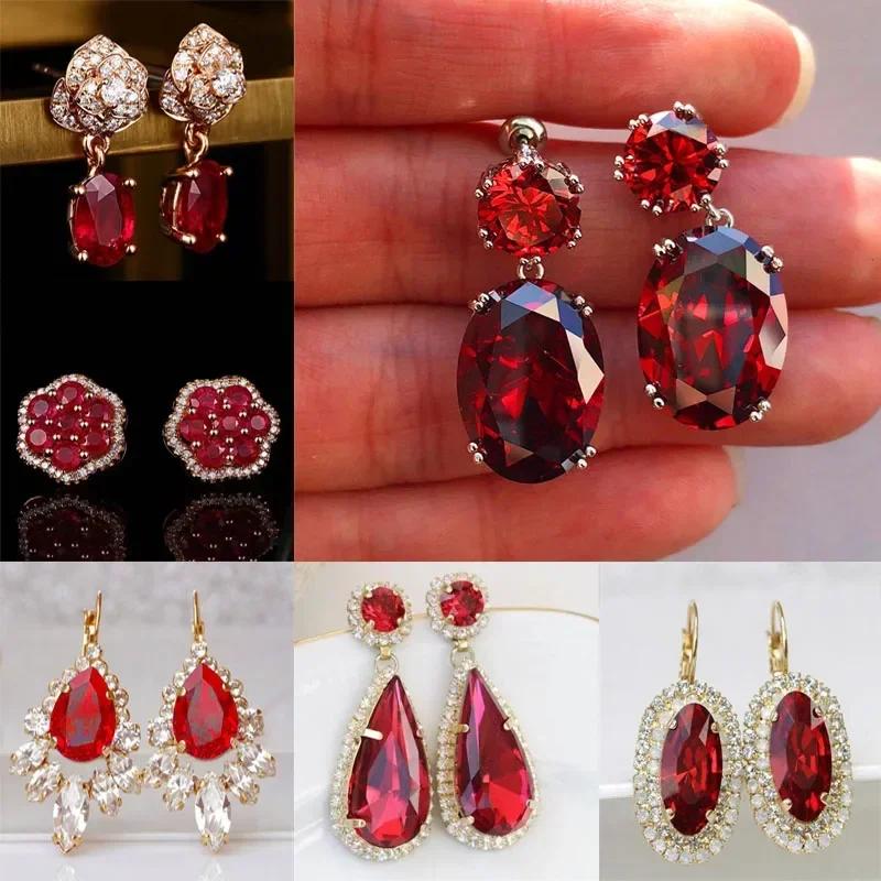 Round Red Water Drop Earrings for Bride's Wedding, Festive Accessories, High-end Jewelry, Birthday Gifts, and Sparkling