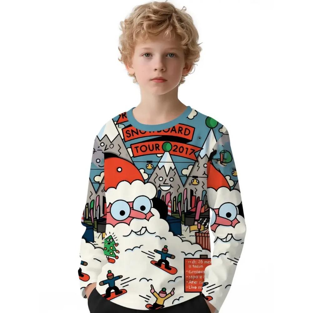 Spring and Autumn Round Neck Cute Santa Claus Pattern 3D Printed Top Fashionable Casual Long Sleeved Children's Boy T-shirts