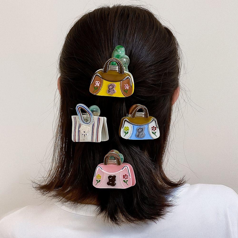 Flower Cartoon Bear Hair Clip Mini Handbag Shape Rhinestone Hairpin Cute Acetate Hair Claw  Girl