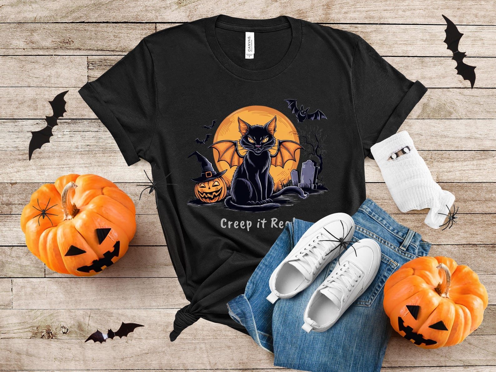 Creep it Real Halloween T-Shirt | Spooky Black Cat Graphic Tee L