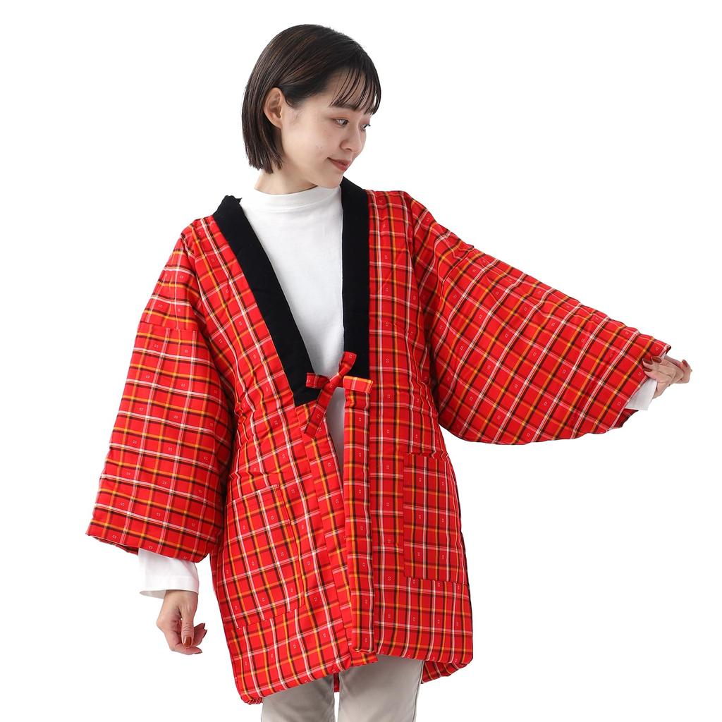 Tayutaf Hanten Made In Japan Padded One Size Fits Most Gift for Day or Respect for the Aged Day Grid Red and Women's Kurume-woven (Haten) - - - -