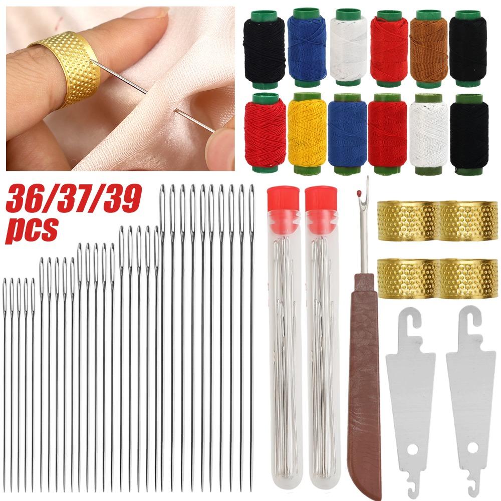 Big Eye Sewing Needles Set Steel Hand Needles with Thread Thimble Threader Scissor for Embroidery DIY Craft Clothes Repair Kit