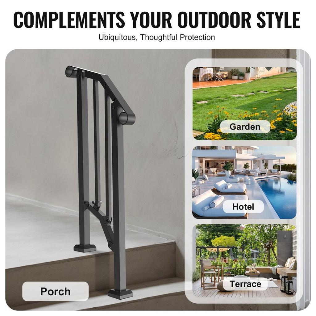 1-2 Step Handrails for Outdoor for Seniors Porch Deck Retro Arch Black