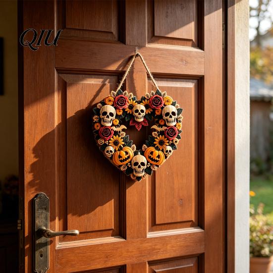Halloween Door Decoration Flower Skull Pumpkin Wreath Decorations, Heart Shape Welcome Hanging Sign, Happy Front Autumn Hanger Decor, Wooden Ornaments
