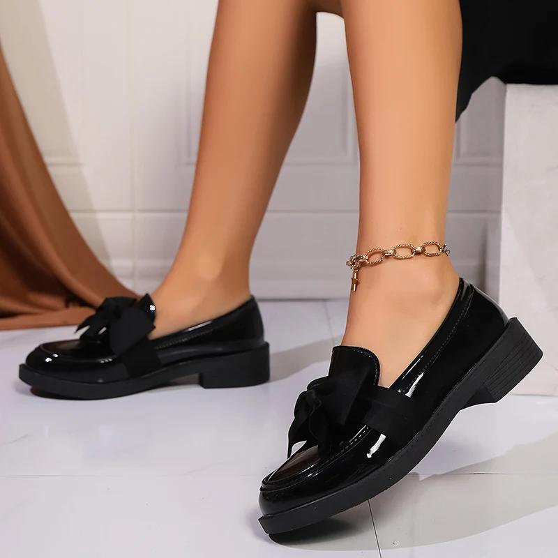 Fashion 2025 Spring Black Bow Tie Loafers Women Preppy Platform Thick Sole Pumps Lady British Retro Style Office Pu Leather Shoes Mujer