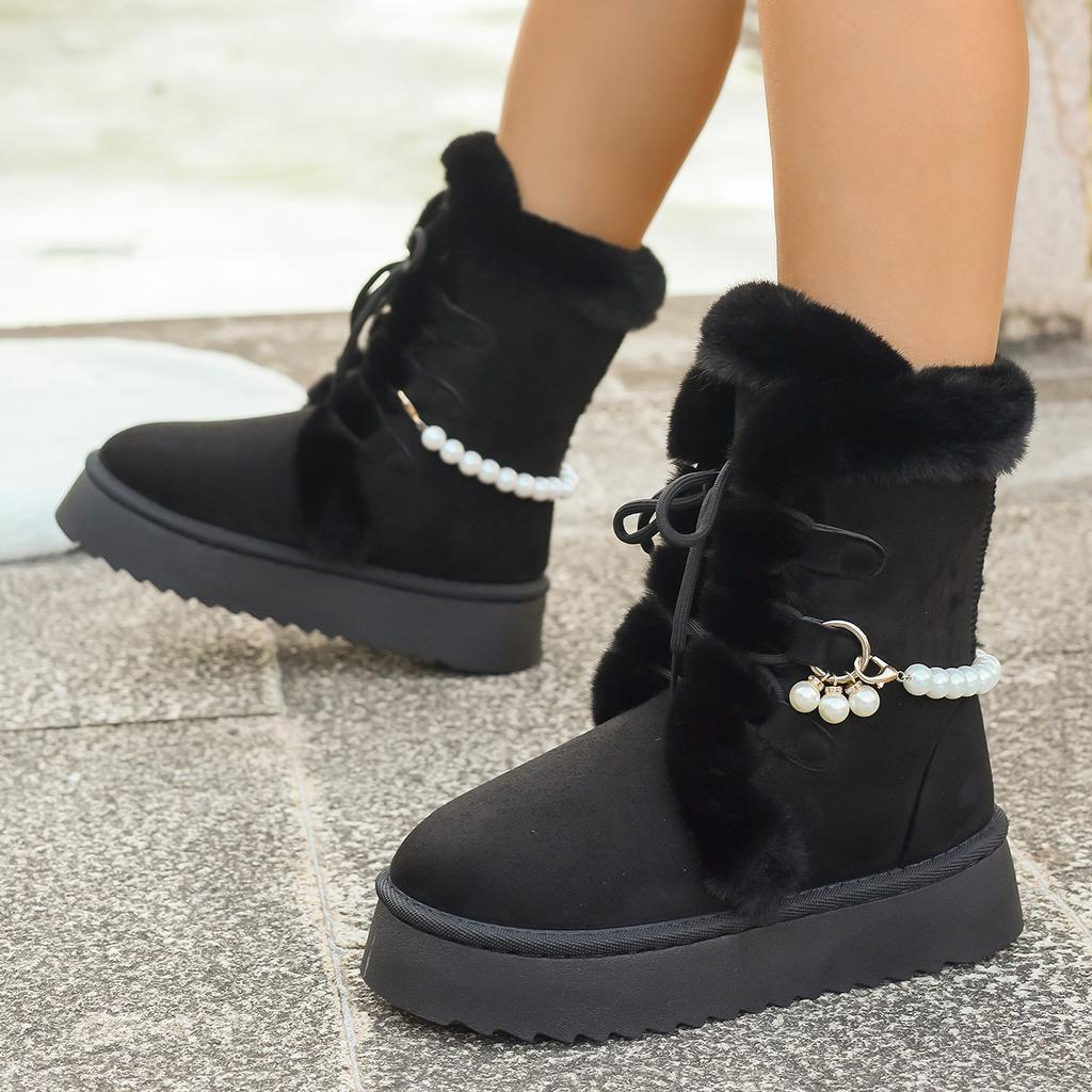 Fashion Non Slip Thick Bottom Furry Snow Boots Women 2025 Winter Pearl Bead Fluffy Fur Ankle Boots with Platform Warm Plush Suede Shoes