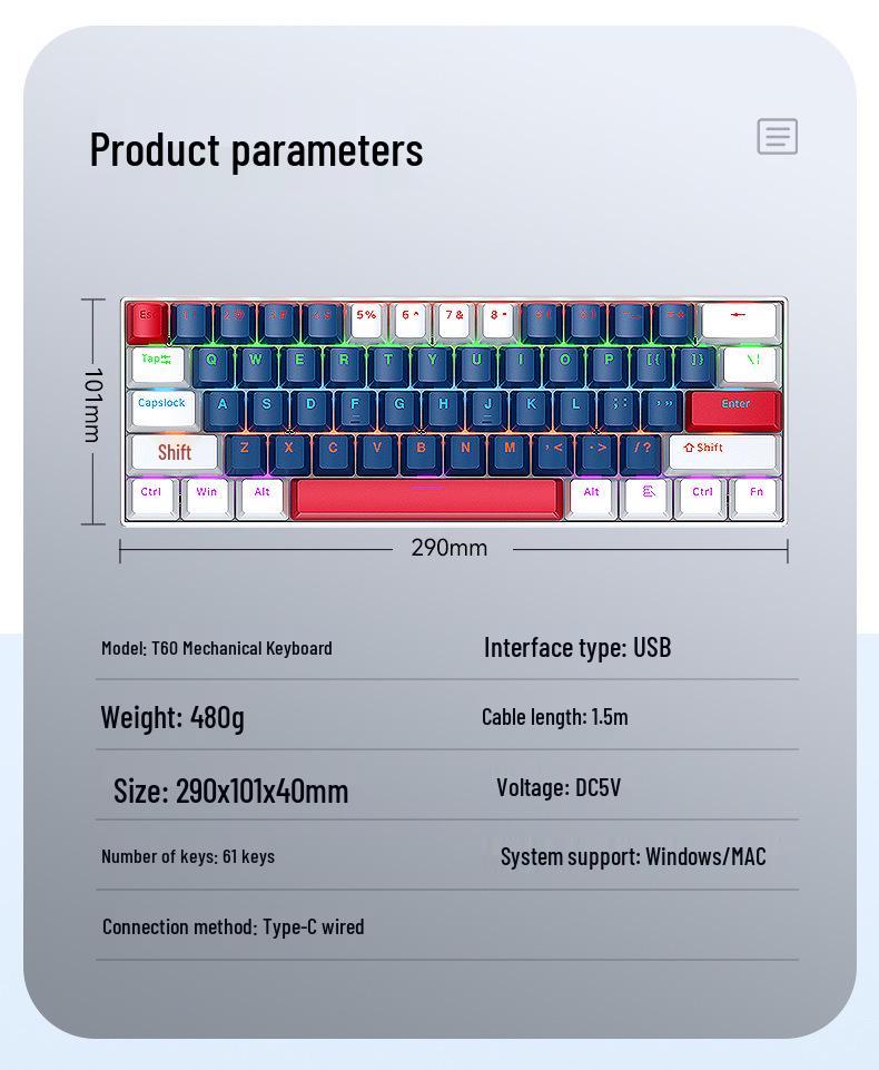 T-WOLF T60 61-Key Hot-Swappable Mechanical Gaming Keyboard with Mixed-Light and Two-Tone Blue Switch (Russian)
