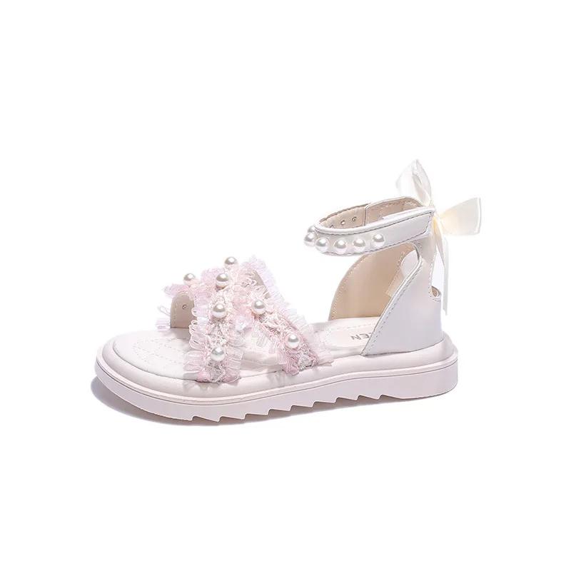 Girls Sandals 2024 Spring/Summer New Children's Sweet Princess Fashion Roman Shoes Soft Sole Bow Mesh Beach Shoes for Vacation