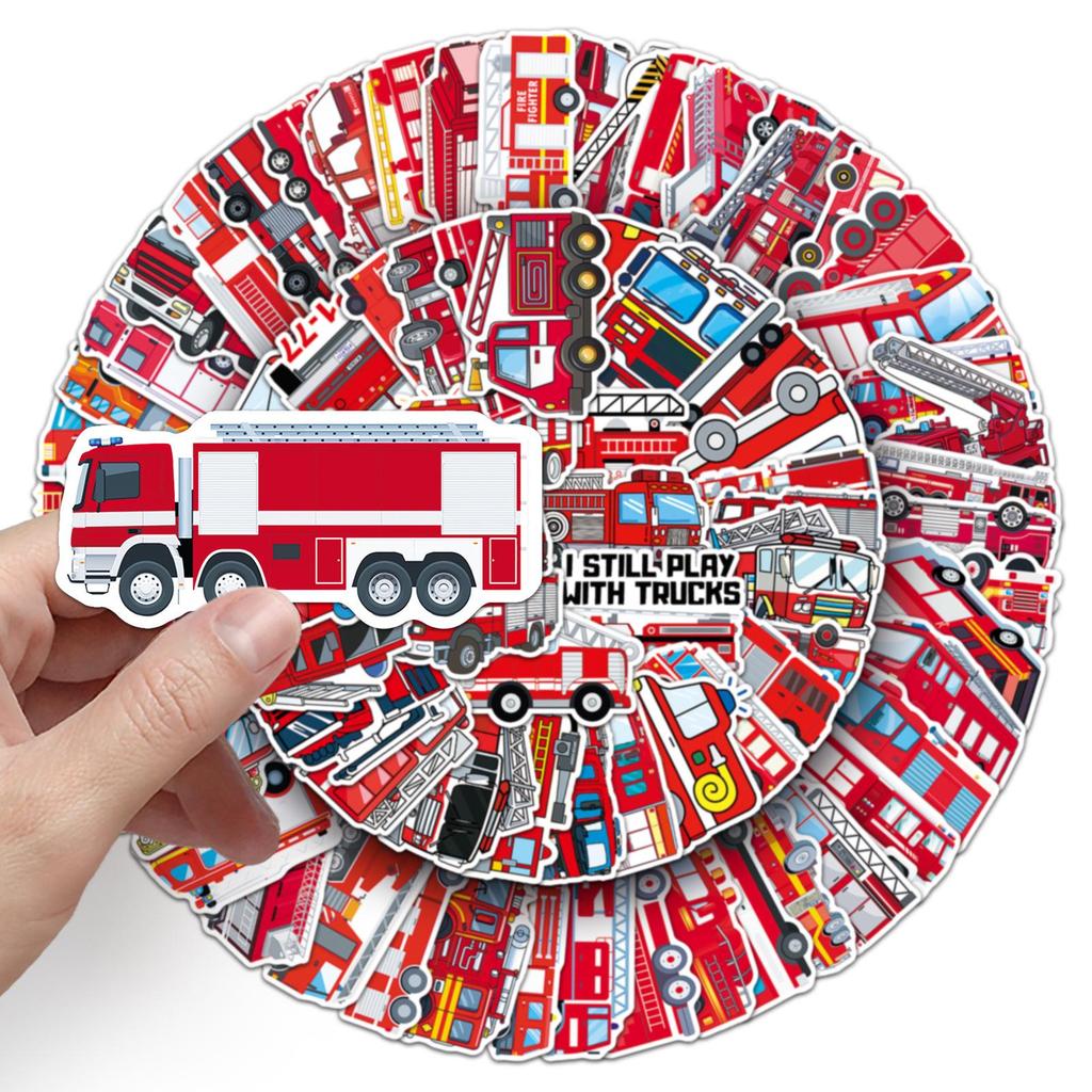 100 Fire Truck Graffiti Stickers - Cartoon Decor for Water Bottles, Phone Cases, Suitcases