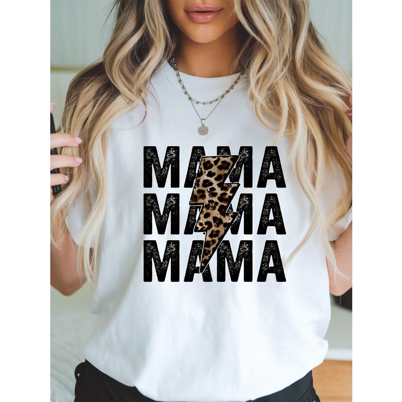 Plus Size Womens Round Neck Tee with MAMA Pattern and Leopard Print Lightning Design Short Sleeve Mom Daily Style Gift Top