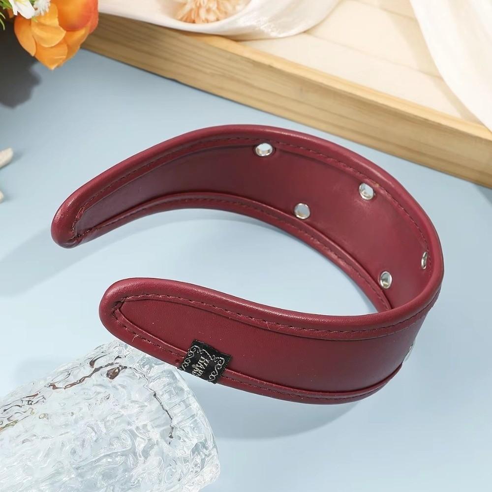 Punk Metal Rivets Headwear Black and Red Hollow Ring Hair Hoop Ins Leather Headband  Urban