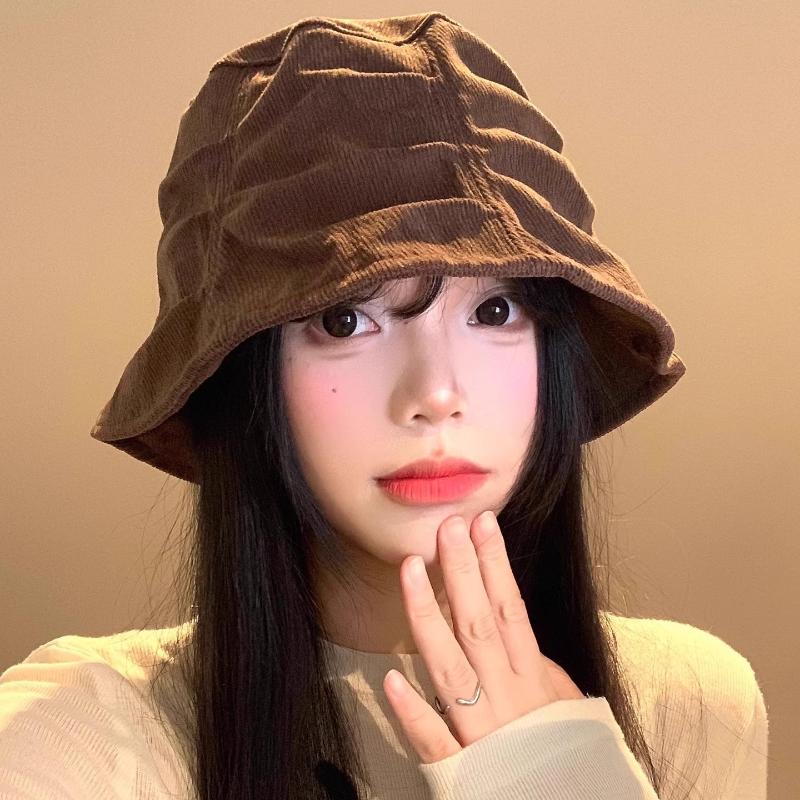1Pcs Korean Style Foldable Travel Outdoor Hat Corduroy Pleated Bucket Hat For Women Solid Color Soft Casual Sun Hat