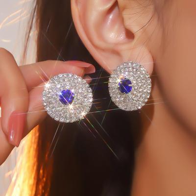 1 pár módních luxusních kulatých náušnic s kamínky, lesklých diamantových náušnic, elegantních trendy dámských šperků do uší