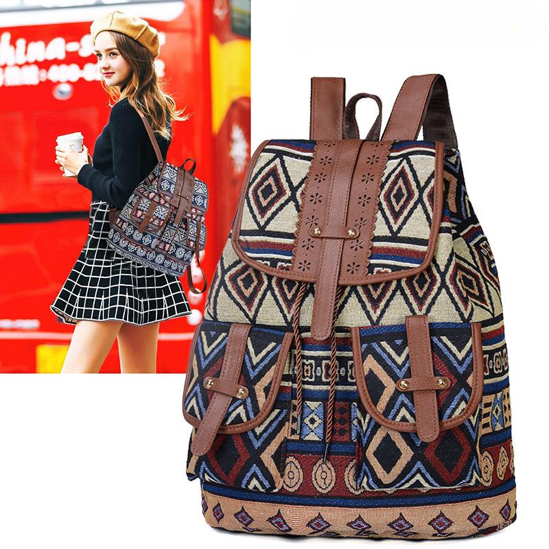 Ethnic Style Retro Women's Backpack Personalized Fashion Pattern Plaid Double Shoulder Bags Casual Large Capacity Drawstring Female Travel Rucksacks
