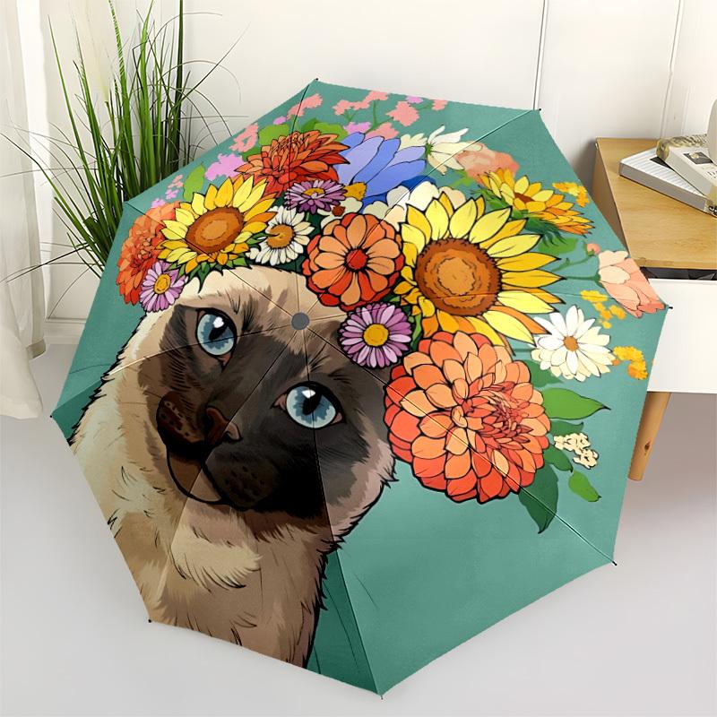 

1pc FloralCat Automatic Opening/Closing Folding Umbrella with 8 Ribs,Windproof Portable Sunshade Umbrella Holiday gift yy260401066