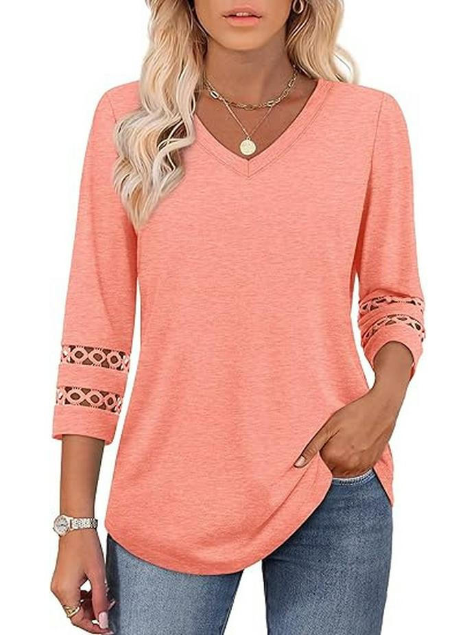 2026 Women's Fashion Solid Color V-Neck Loose Three-Quarter Sleeve Round Neck Hollow-Out Casual Top