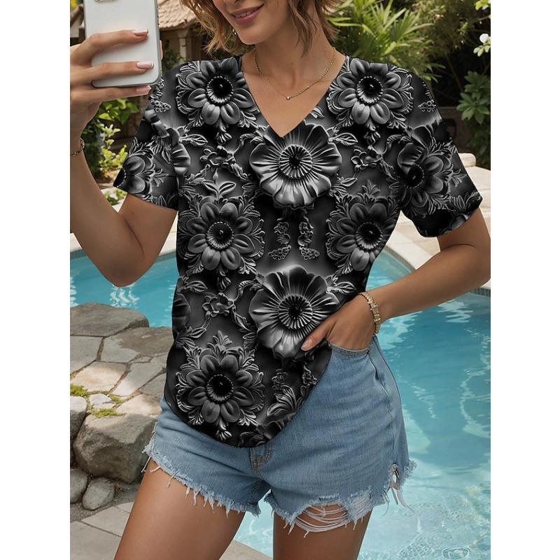 Plus Size Loose Women's Clothing Outdoor T-Shirt Fashion Tops Short Sleeve 3D Floral Printed Patterns Women's V-neck T-shirt Daily
