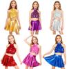 Top Cropped Feminino Brilhante com Lantejoulas, Gola Alta, Sem Mangas, Saia Metálica com Babados em Camadas, Roupa para Performance de Dança