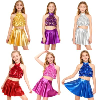 Girls Shiny Sequin Mock Neck Sleeveless Crop Top Metallic Ruffled Tiered Skirt Dance Performance Outfit