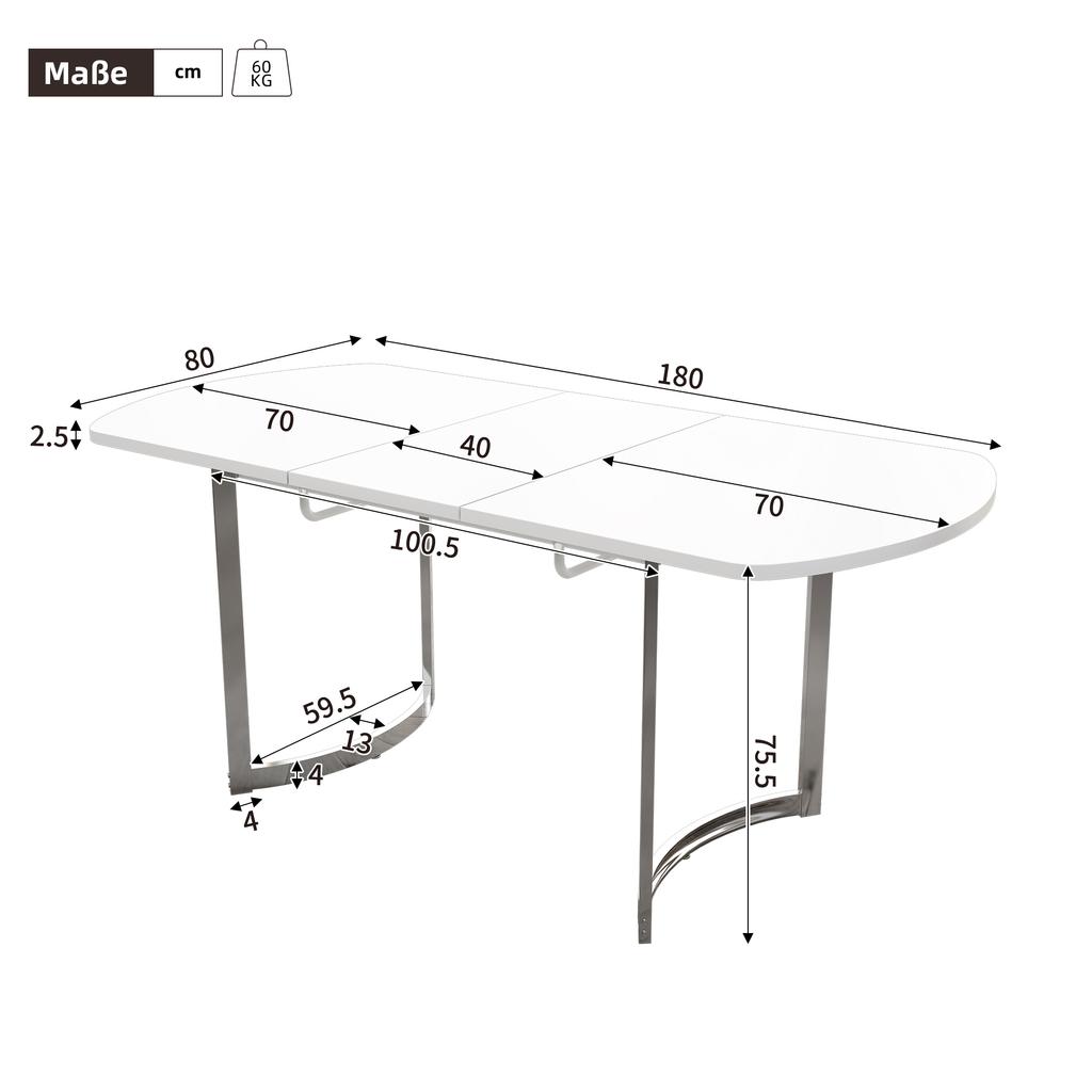Extendable Dining Table 140/180 x 80 cm, Modern Style, High-Strength Alloy Bracket, Suitable for 4-6 People, White + Silver-Plated Table Legs