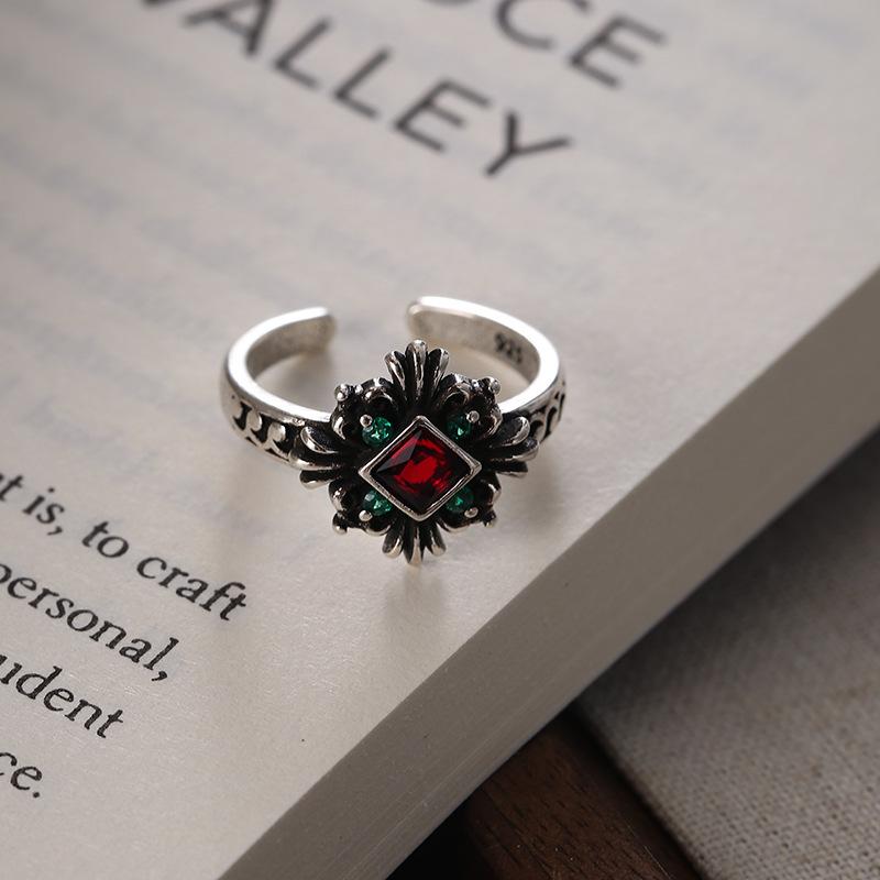 Adjustable Open Sophisticated Copper Ring With Red Zircon For Women Vintage Punk Inspired Fashion