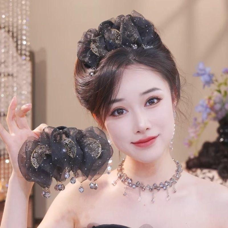 Sweet Mesh Tulle Tassels Hair Claw For Women Temperament Shining Zircon Ponytail Shark Clip Princess Headdress Hair Accessories
