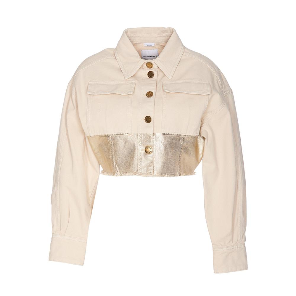 Pinko Metallic Patchwork Short Casual Denim Jacket Women Jackets Beige 102944A1MR-CH7