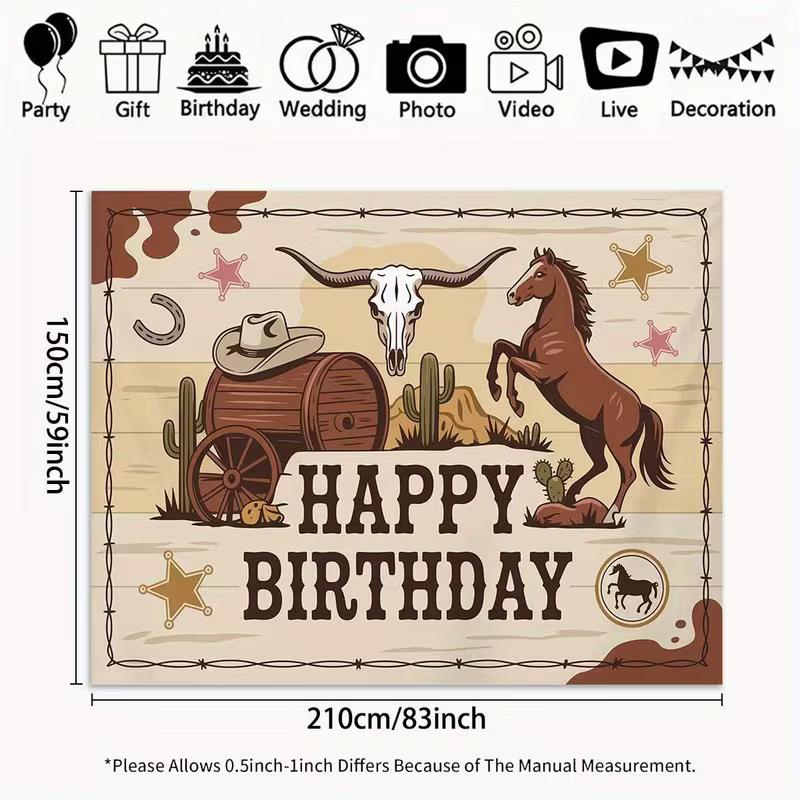 2D Western Happy Birthday Photography Backdrop, Cowboy Horse & Cactus Decor