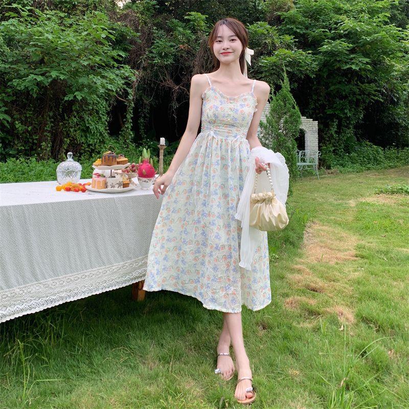 

Милое и нежное платье большого размера, облегающее талию, платье с цветочным принтом, шифоновое платье M синий