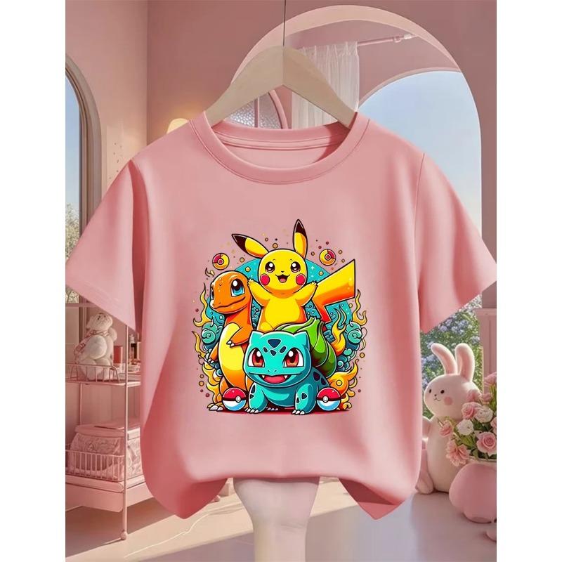 Summer Cute Kawaii Fashion Street Cartoon Round Neck Children's Popular Casual Pikachu T-Shirt