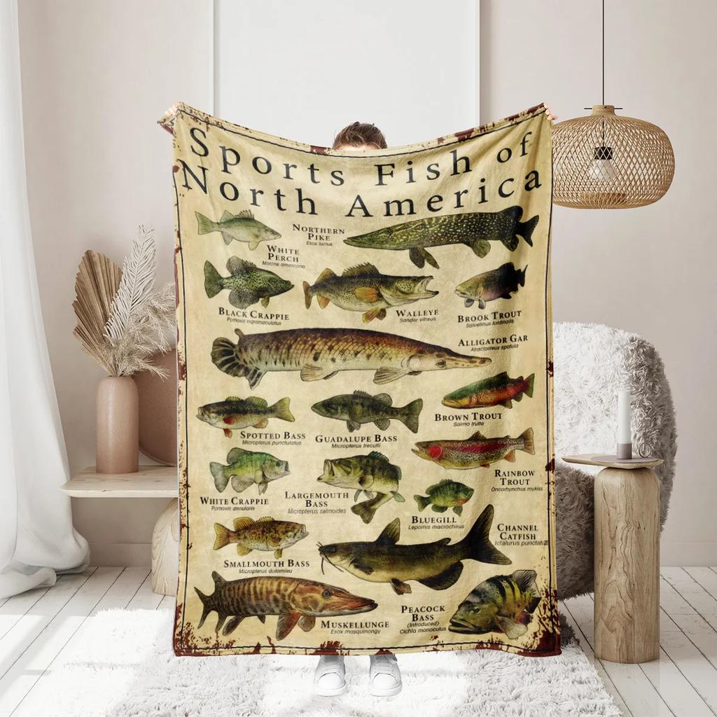 1 Stück Nordamerikanischer Fischdruck verdickte Flanelldecke warm hautfreundlich weich Sofa Bett Decke maschinenwaschbar vier Jahreszeiten