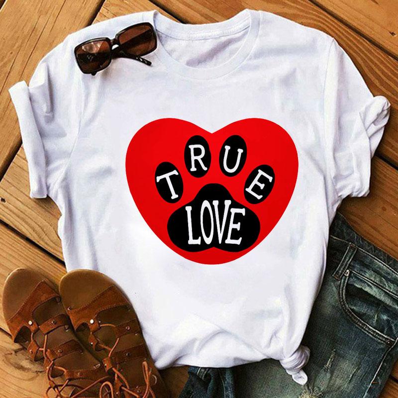 Fashion Women T-Shirt Cartoon Tee Shirts Watercolor Heart Dog Paw T Shirt Harajuku Tops Tee Short Sleeve Cute Female Tshirts Tee