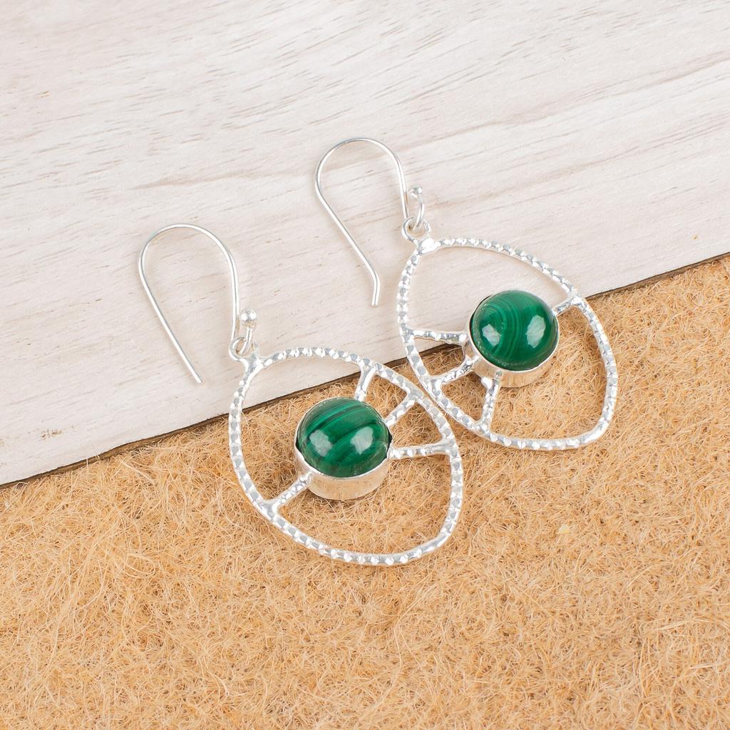 Natural Malachite Gemstone 925 Sterling Silver Jewelry Handmade Earrings 2.00" EE-52-27