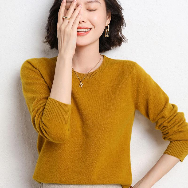 Spring and Autumn Women's Sweater Pullover Knit Sweater Round Neck Long Sleeve Sweater Bottom Shirt Solid Color Sweater