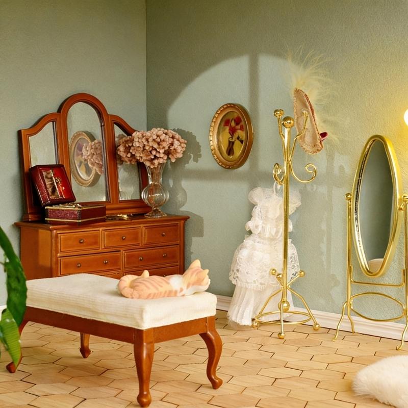 1:12 Scale Doll House Dressing Mirror Metal Floor Mirror Model Figurine For Miniature Bedroom Scene Setting Decoration